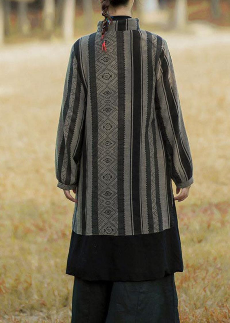 Vintage Sort Stribet Patchwork Orientalsk Knap Varm Fleece Lange Frakker Vinter - Dame vinterfrakker