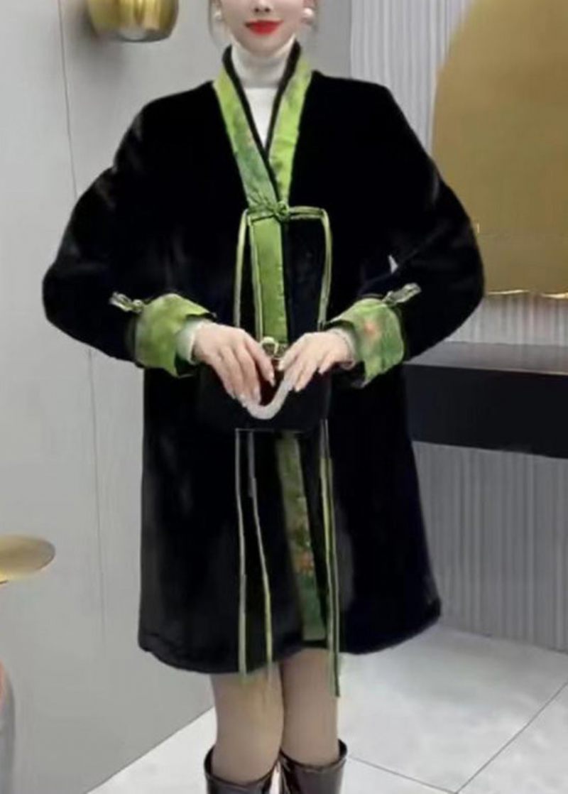 Vintage Sort V-hals Print Mink Velvet Button Varm Slid På Begge Sider Frakke Vinter - Dame vinterfrakker