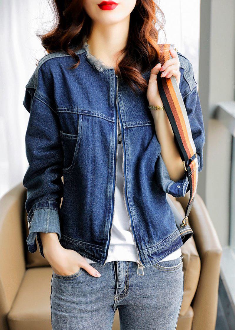 Vogue Blå O-hals Patchwork Lynlås Bomuld Hætte Denim Frakke Lange Ærmer - Dame vinterfrakker