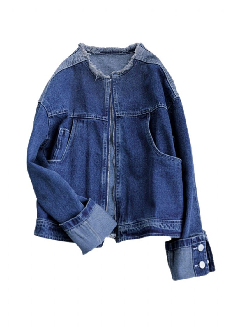 Vogue Blå O-hals Patchwork Lynlås Bomuld Hætte Denim Frakke Lange Ærmer - Dame vinterfrakker