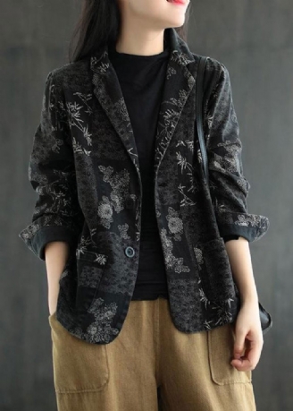 Vogue Black Notched Print Denim Coats Fall