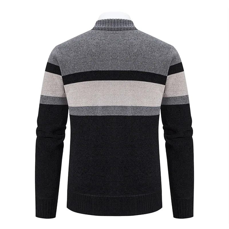 Efterår Vinter Stribet Cardigan Herre Slanke Striktrøjer Overtøj Stand Krave Lynlås Strik - Rød