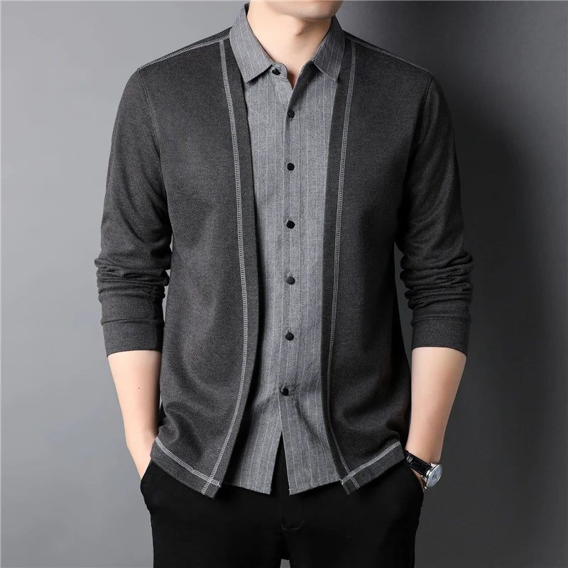 Forår Og Efterår Herre Sweater Smart Casual Skjorter Firkantet Krave Strikket - Sort