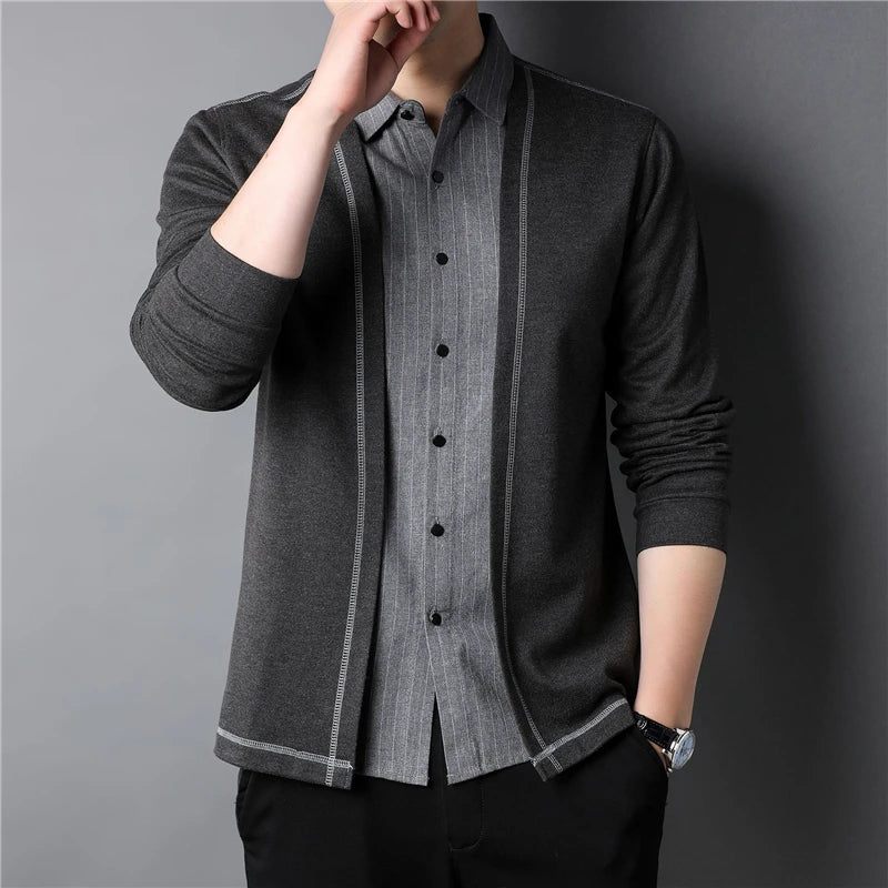 Forår Og Efterår Herre Sweater Smart Casual Skjorter Firkantet Krave Strikket - Sort