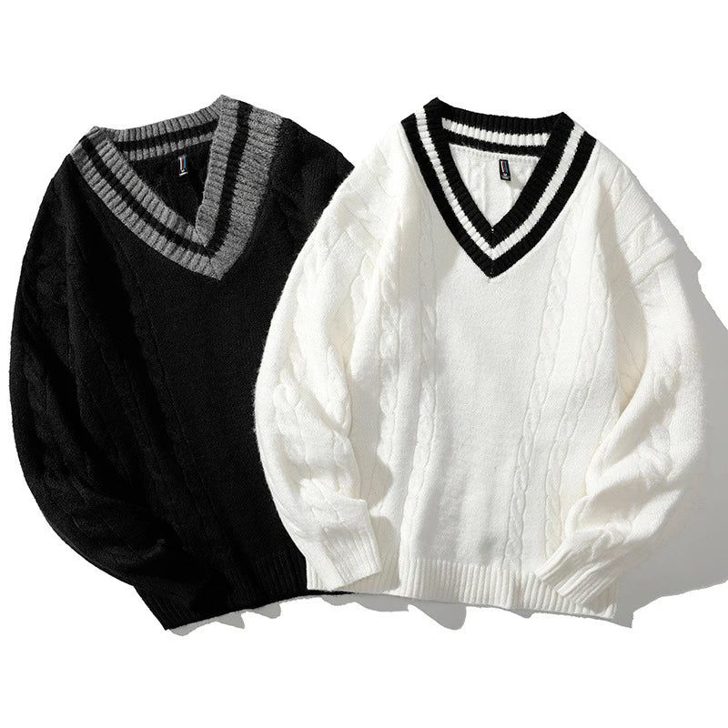 Forårs Sweater Til Mænd Med V-hals Løs Afslappet Akademistil Langærmet Komfortabel Top Til - Sort