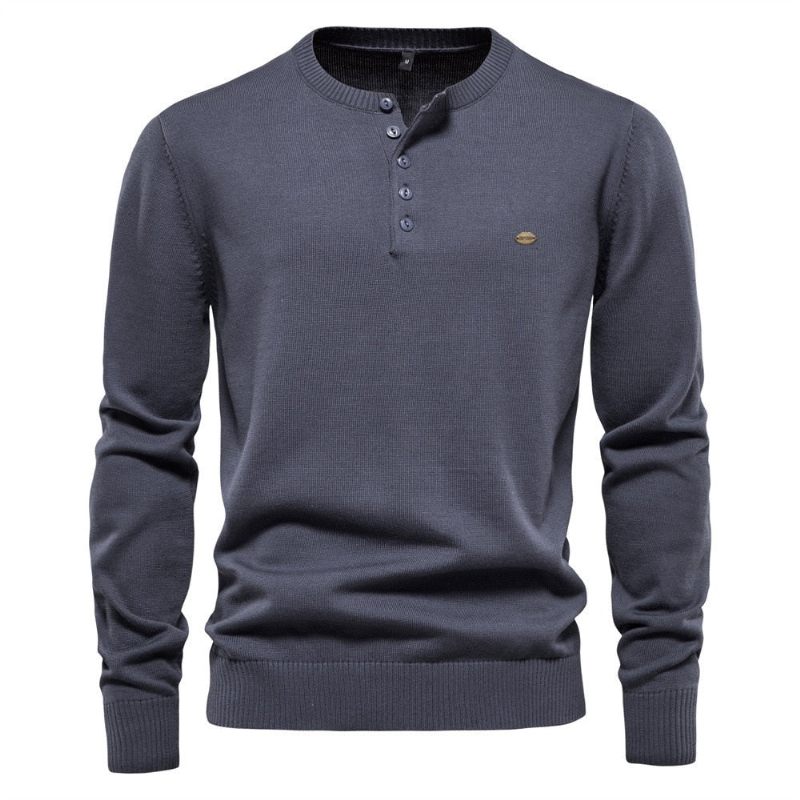 Herre Sweater Med Ensfarvet Henry-krave Bomuld Casual Komfortabel Striktrøje Efterårs- Og Vintertrøje - Sort