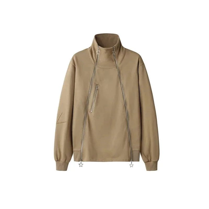 Lynlås Splejset Stand Krave Cardigan Sweater Til Herre Chic Jakke High Street Design Niche Personlig Tide Coat - Sort