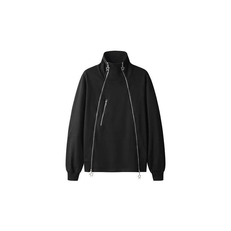 Lynlås Splejset Stand Krave Cardigan Sweater Til Herre Chic Jakke High Street Design Niche Personlig Tide Coat - Sort