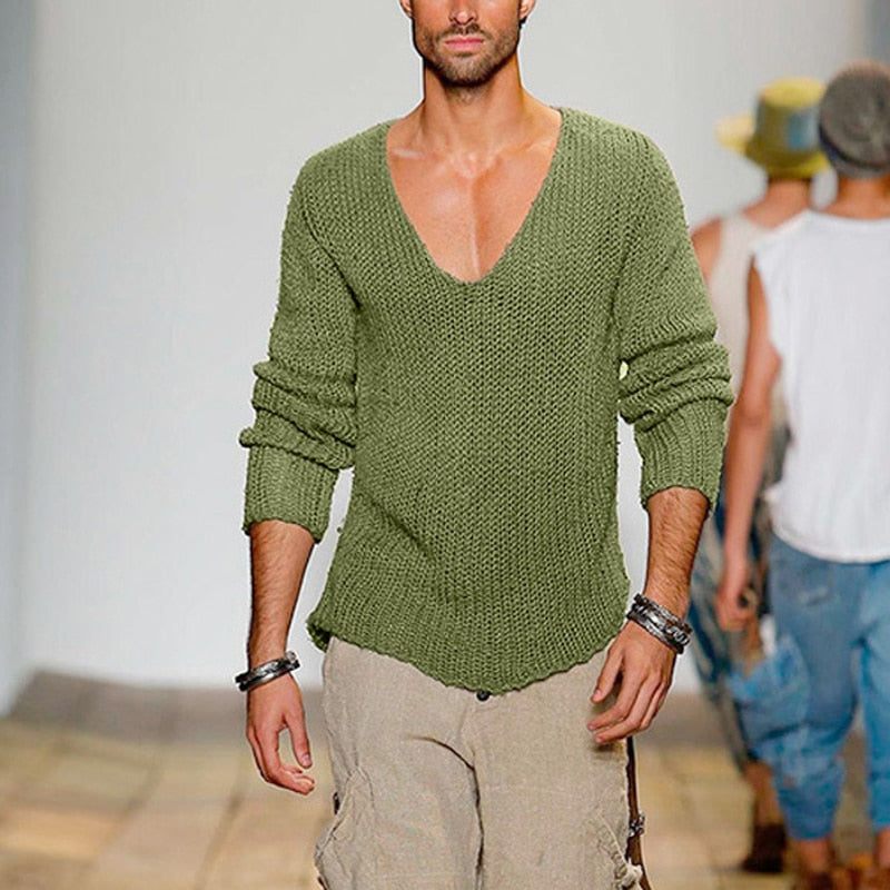 Mænd Casual Solid Sweater V-hals Løs Bomuldstrøjetrøjer Høj Elasticitet Slim Fit Herretrøje - Blå