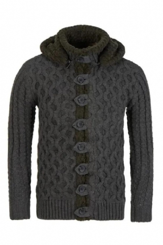 Mænd Sweater Cardiganjakke Strikket Afslappet Frakke Med Hætte Varmt Tykt Overtøj