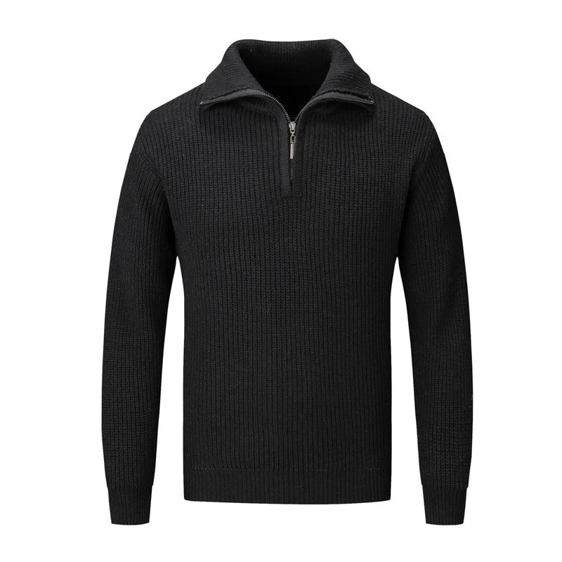 Vinter Herre Fleece Tykkere Sweater Halv Lynlås Rullekrave Varm Pullover Slanke Strikkede Uldtrøjer Til Foråret - Sort