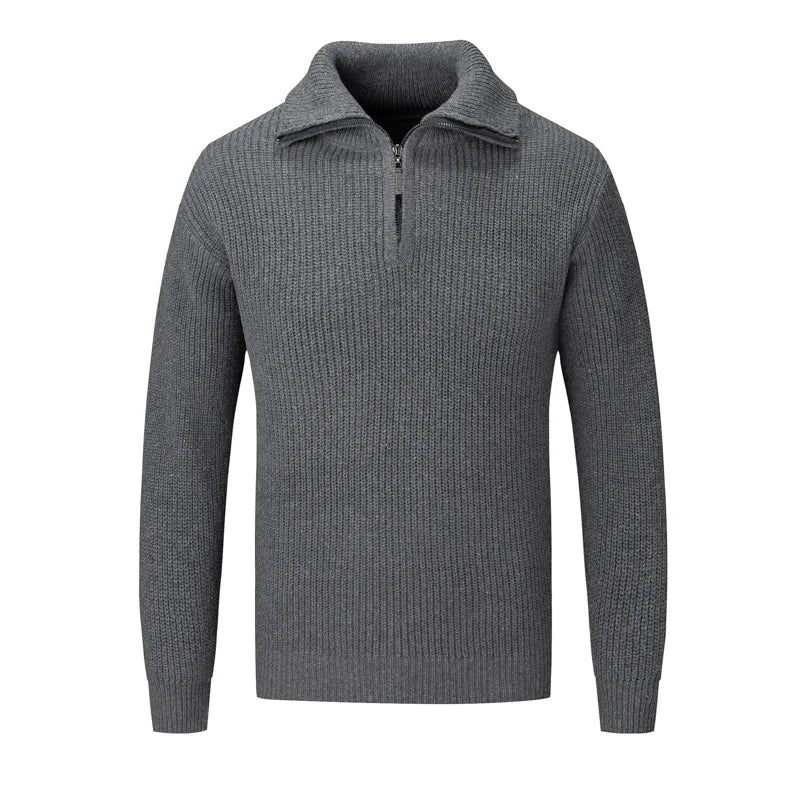 Vinter Herre Fleece Tykkere Sweater Halv Lynlås Rullekrave Varm Pullover Slanke Strikkede Uldtrøjer Til Foråret - Sort