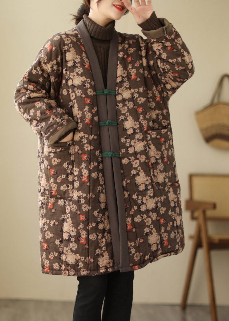 Afslappet Brun V-hals Print Varm Fleece Tyk Lang Parka Langærmet