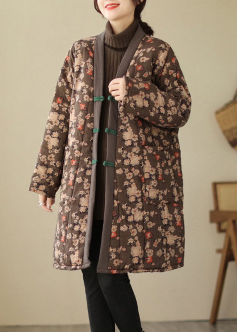 Afslappet Brun V-hals Print Varm Fleece Tyk Lang Parka Langærmet - Brun