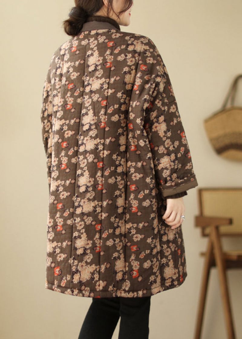 Afslappet Brun V-hals Print Varm Fleece Tyk Lang Parka Langærmet - Brun