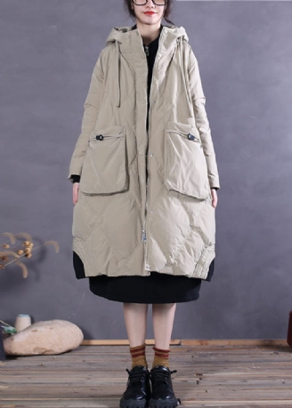 Art Khaki Hooded Lommer Andedun Vinterdunfrakke