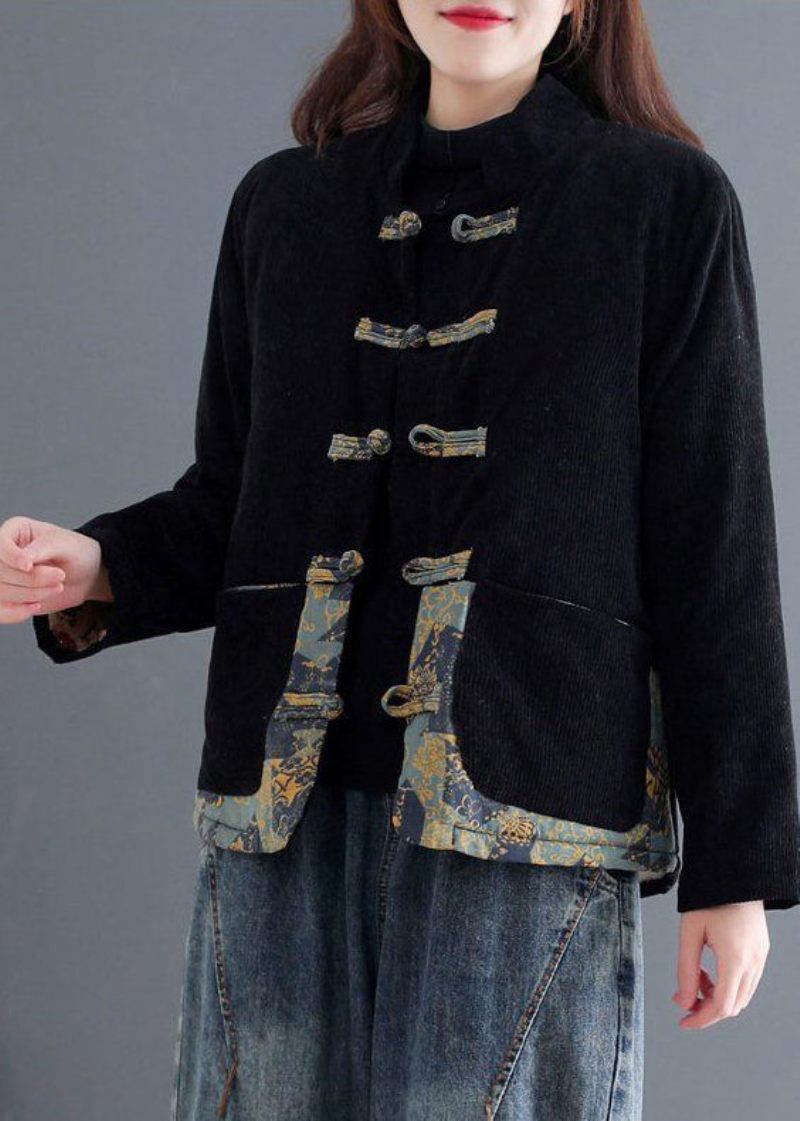 Art Sort Kinesisk Knap Patchwork Varm Fleecefrakke Outwear Winter