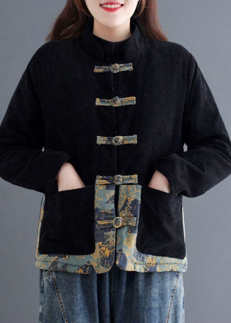 Art Sort Kinesisk Knap Patchwork Varm Fleecefrakke Outwear Winter - Dame dunjakker