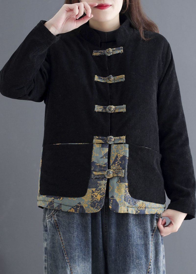 Art Sort Kinesisk Knap Patchwork Varm Fleecefrakke Outwear Winter - Dame dunjakker