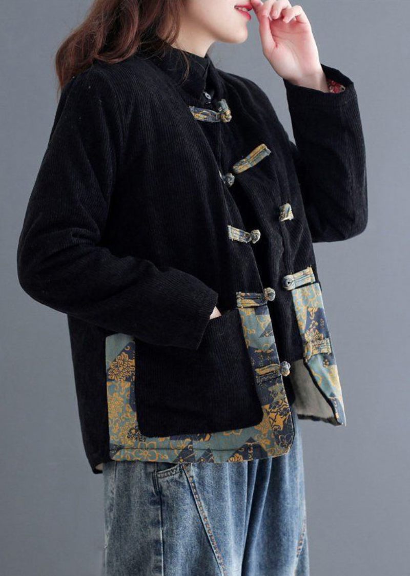 Art Sort Kinesisk Knap Patchwork Varm Fleecefrakke Outwear Winter - Dame dunjakker