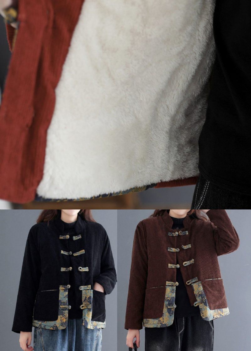 Art Sort Kinesisk Knap Patchwork Varm Fleecefrakke Outwear Winter - Dame dunjakker