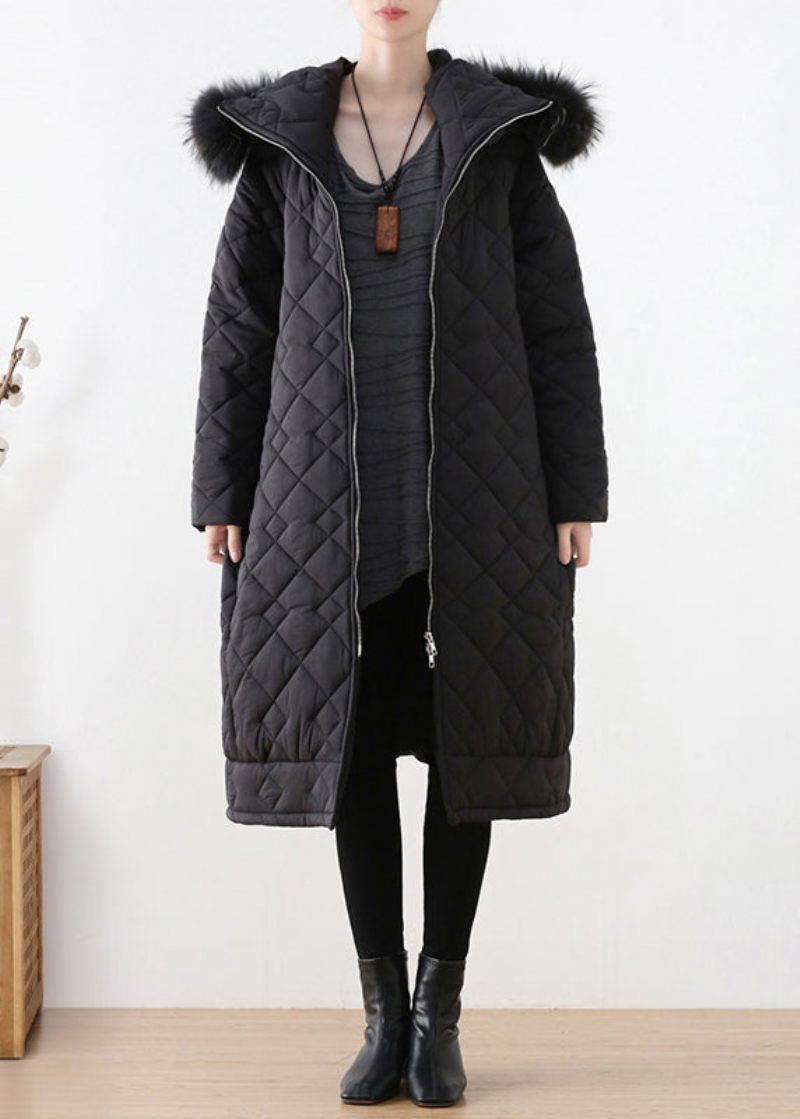 Blck Plaid Tyk Hætte Lang Parka Vinter