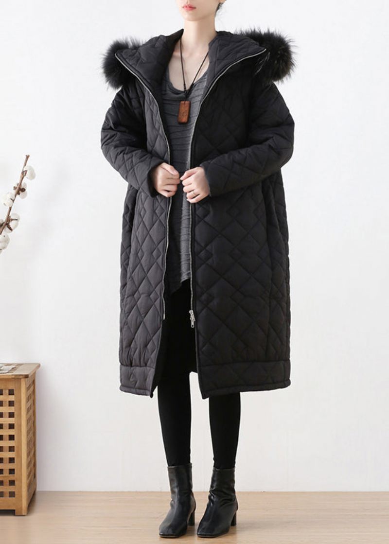 Blck Plaid Tyk Hætte Lang Parka Vinter - Blck