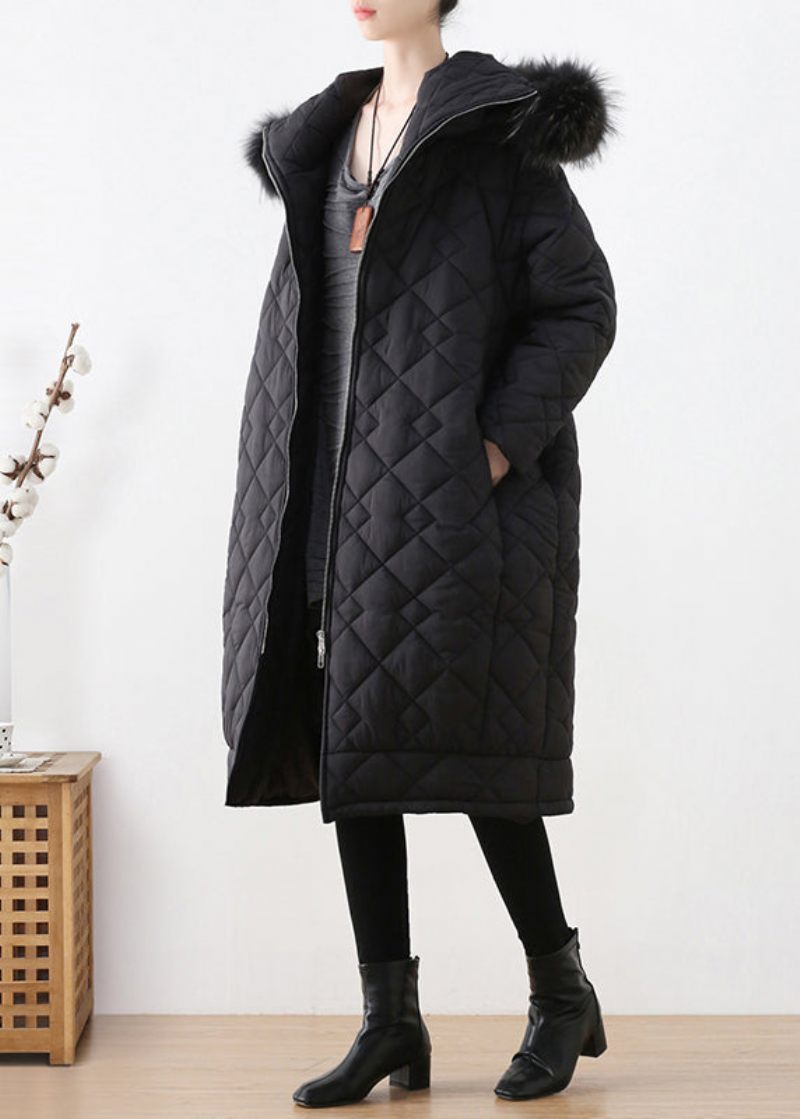 Blck Plaid Tyk Hætte Lang Parka Vinter - Blck