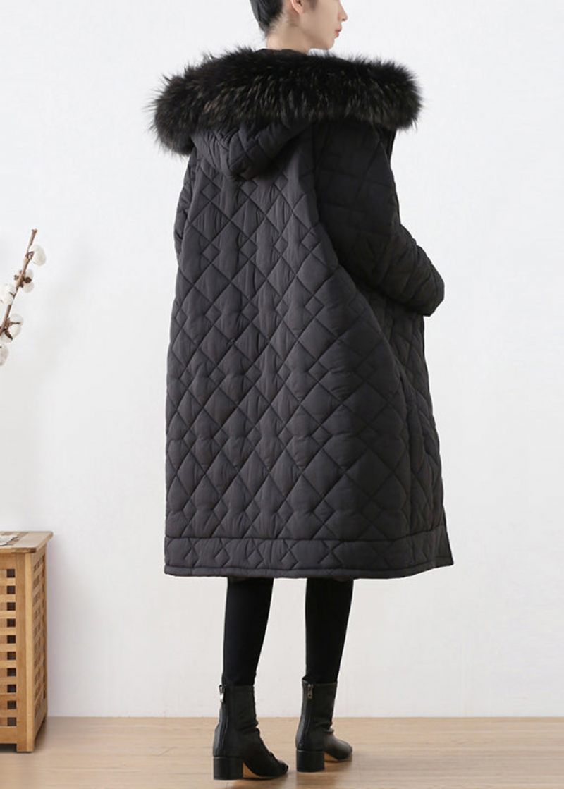 Blck Plaid Tyk Hætte Lang Parka Vinter - Blck