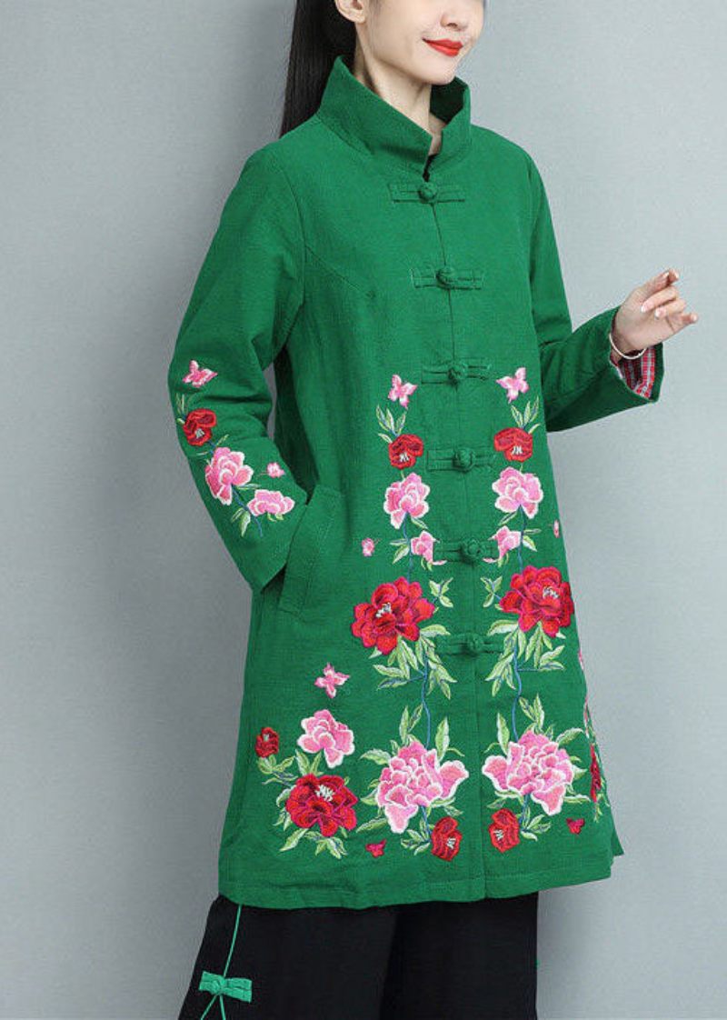 Bohemian Green Stand Collar Broderet Bomuld Frakker Fall