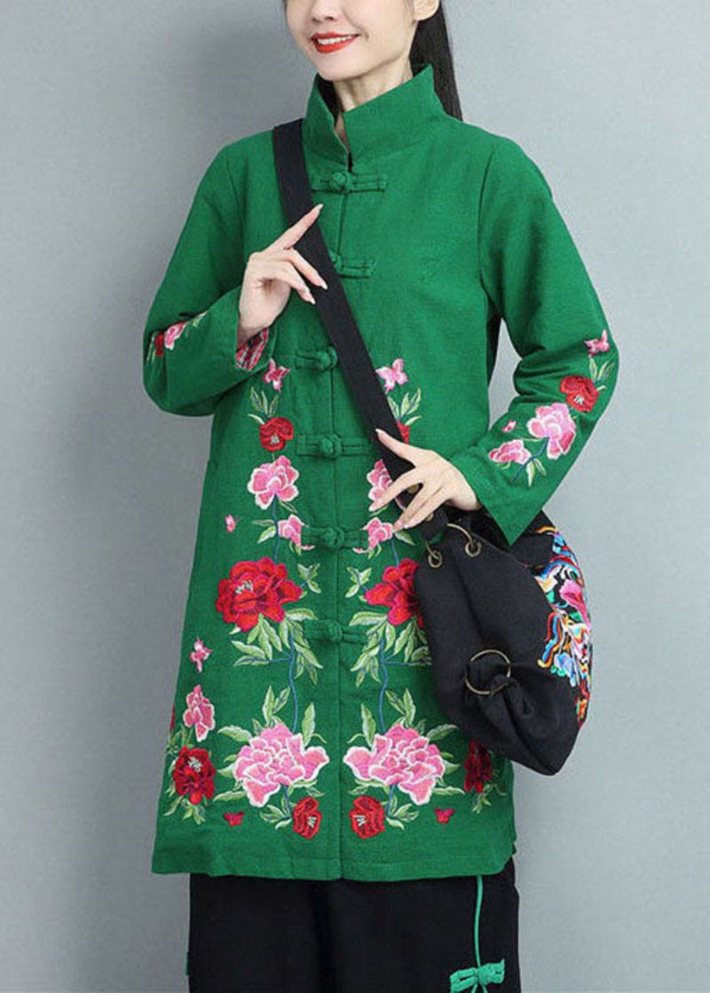 Bohemian Green Stand Collar Broderet Bomuld Frakker Fall - Dame dunjakker