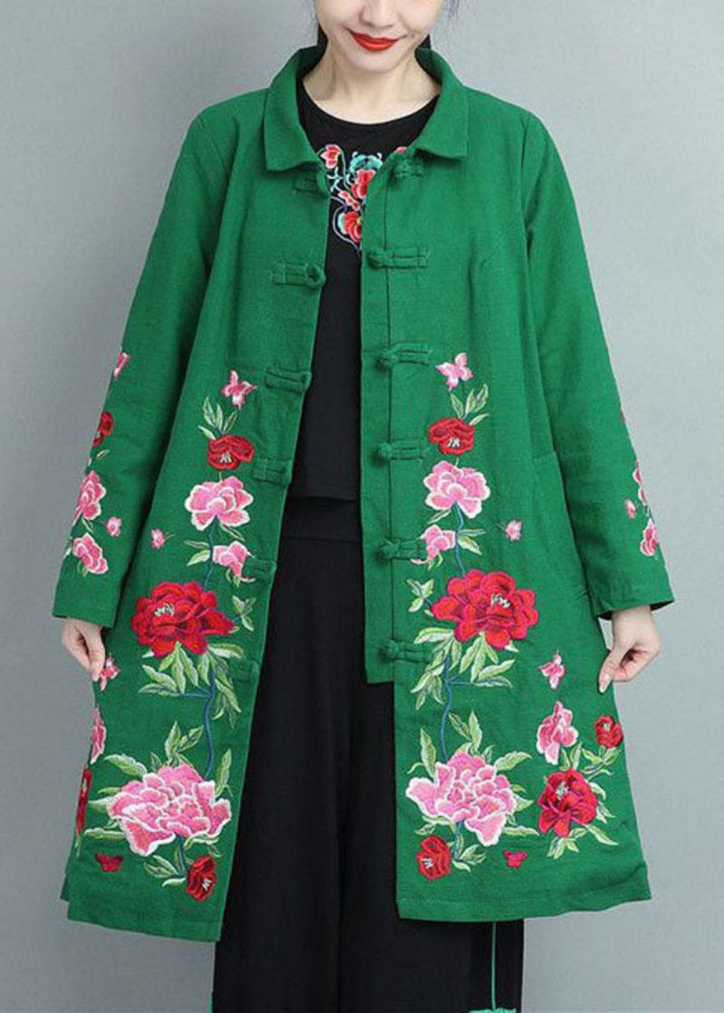 Bohemian Green Stand Collar Broderet Bomuld Frakker Fall - Dame dunjakker