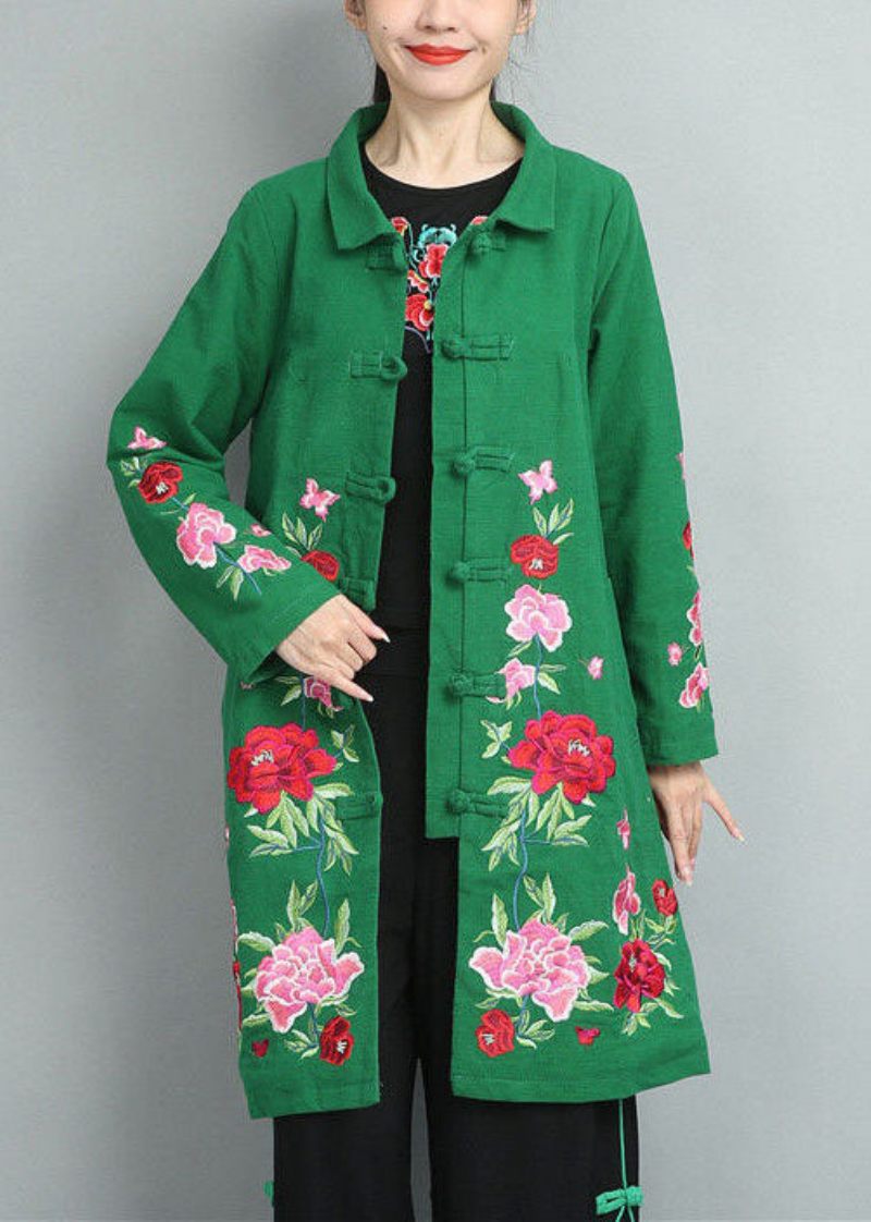 Bohemian Green Stand Collar Broderet Bomuld Frakker Fall - Dame dunjakker