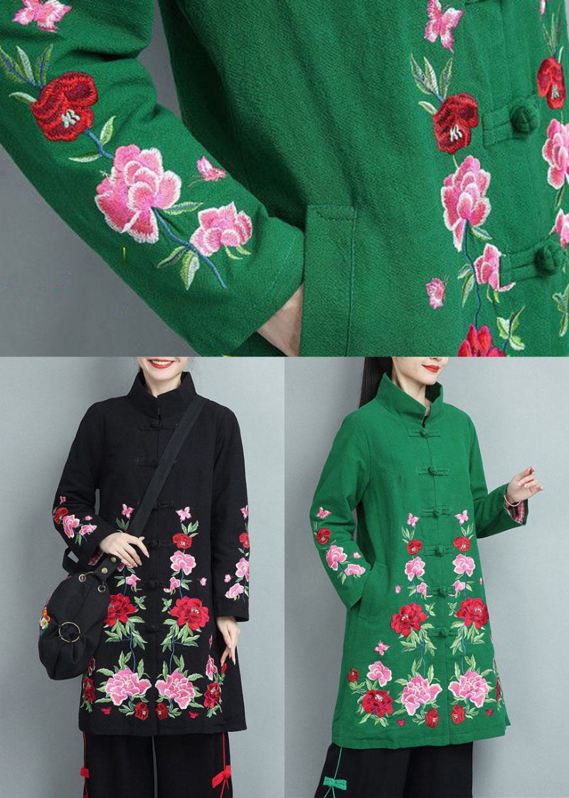 Bohemian Green Stand Collar Broderet Bomuld Frakker Fall - Dame dunjakker