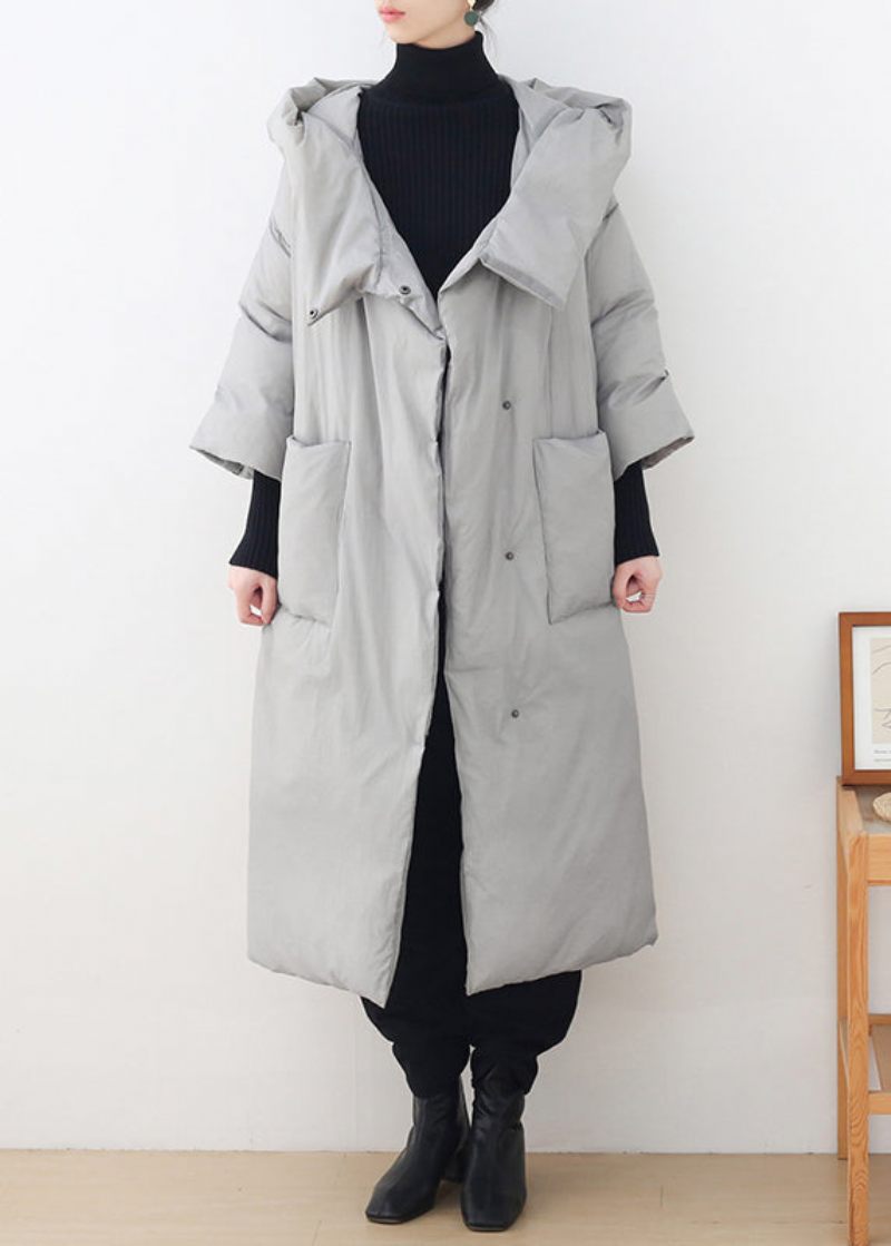 Bohemian Grey Knaplommer Hooded Down Coat Langærmet