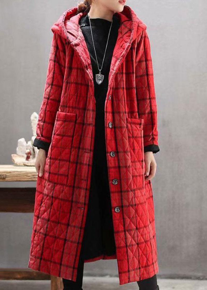 Bohemian Rød Hooded Plaid Lommer Fin Bomuld Fyldt Lang Frakke Outwear Winter