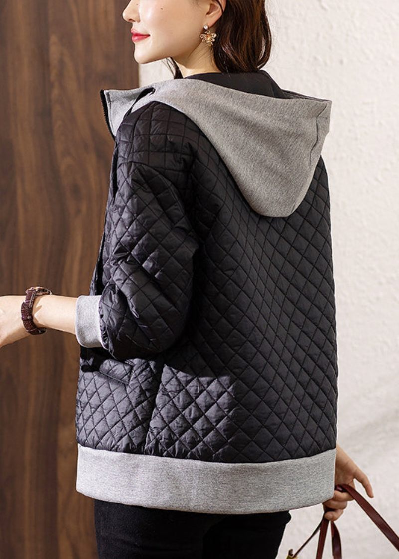 Bohemian Sort Hætte Med Lynlås Patchwork Bomuldsfrakke Vinter - Dame dunjakker