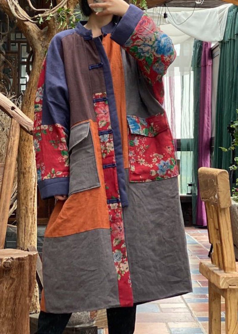 Boho Colorblock Lommer Patchwork Plus Størrelse Fin Bomuld Fyldt Frakke Vinter