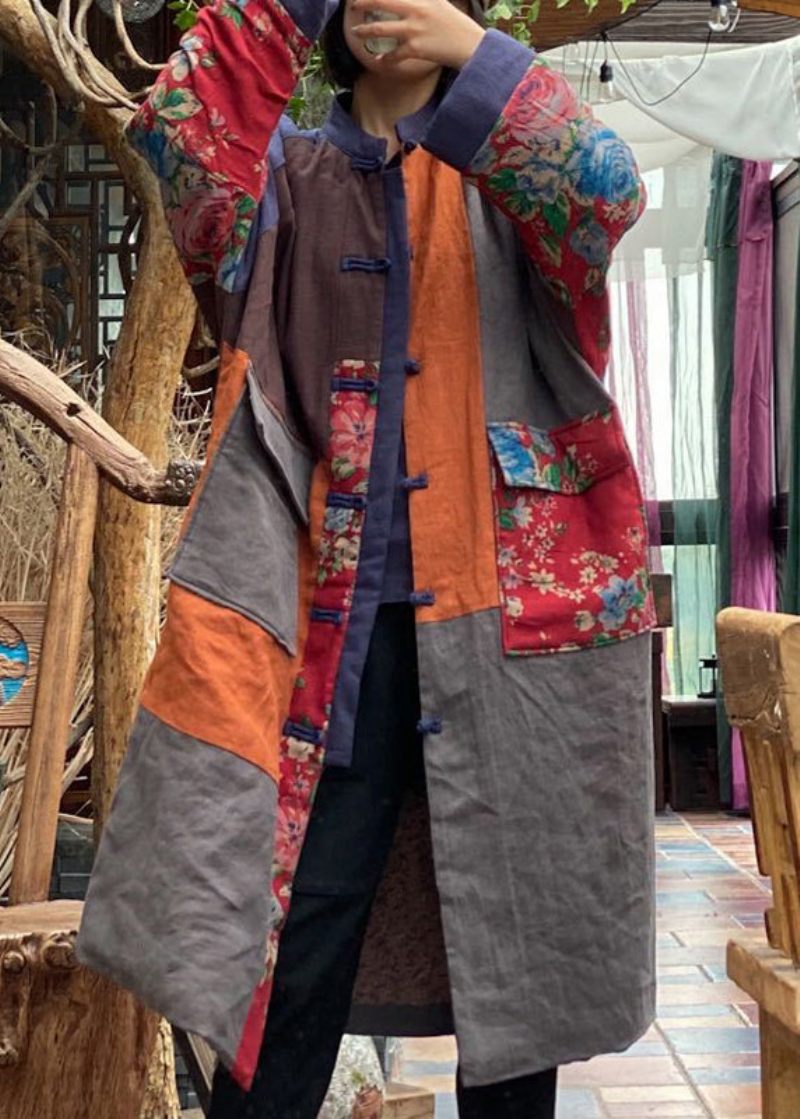 Boho Colorblock Lommer Patchwork Plus Størrelse Fin Bomuld Fyldt Frakke Vinter - Dame dunjakker