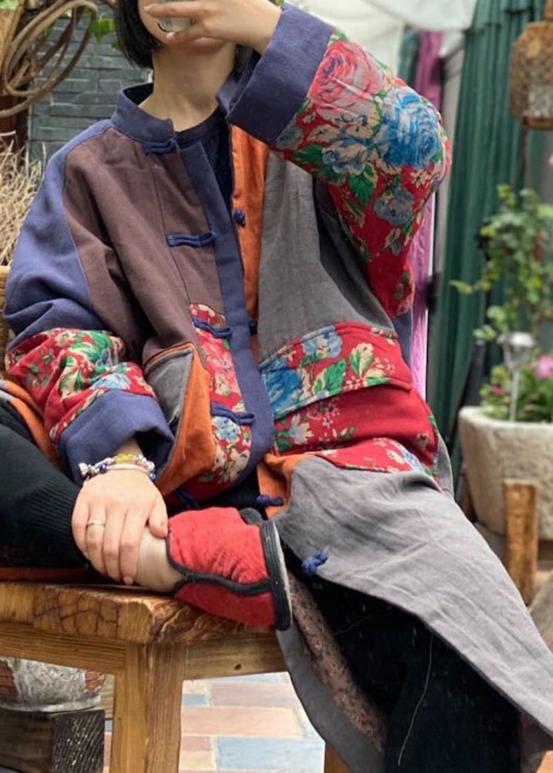 Boho Colorblock Lommer Patchwork Plus Størrelse Fin Bomuld Fyldt Frakke Vinter - Dame dunjakker