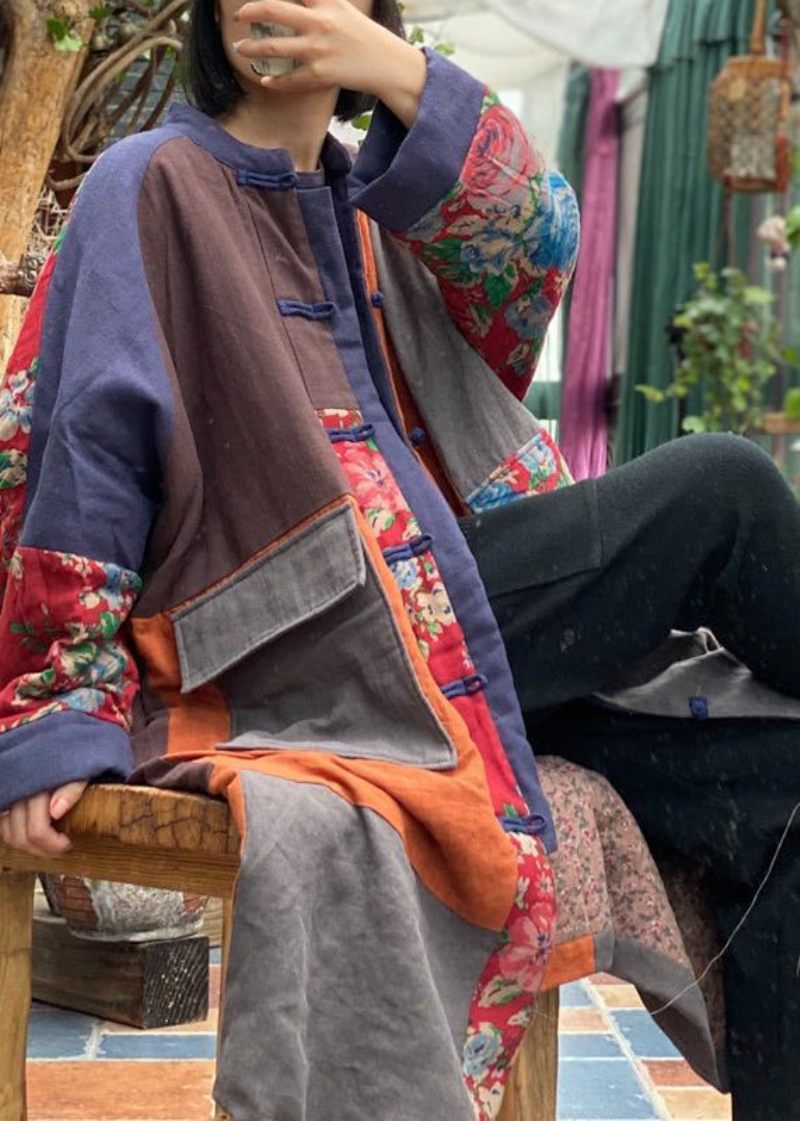 Boho Colorblock Lommer Patchwork Plus Størrelse Fin Bomuld Fyldt Frakke Vinter - Dame dunjakker