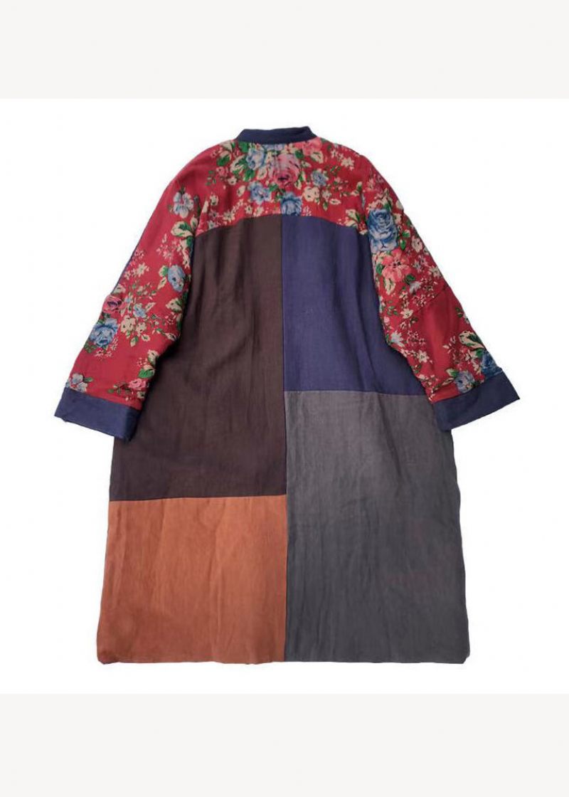 Boho Colorblock Lommer Patchwork Plus Størrelse Fin Bomuld Fyldt Frakke Vinter - Dame dunjakker