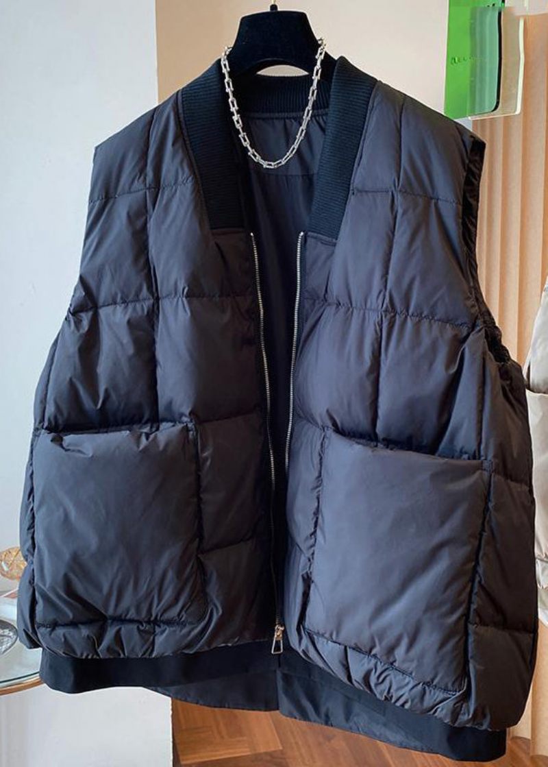 Boutique Sort V-hals Lynlås Patchwork Andedun Vest Ærmeløs - Sort