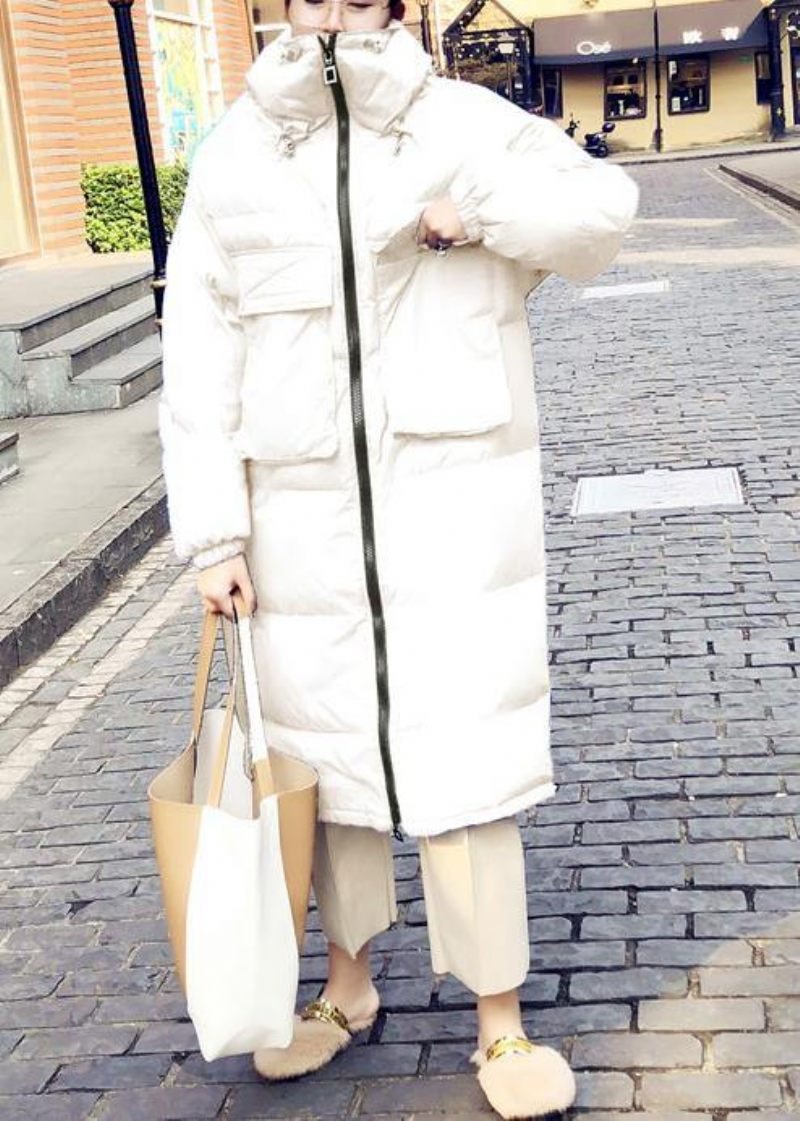 Casual Løstsiddende Kvinders Parka Vinter Outwear Hvid Stand Krave Cinched Andedun Frakke