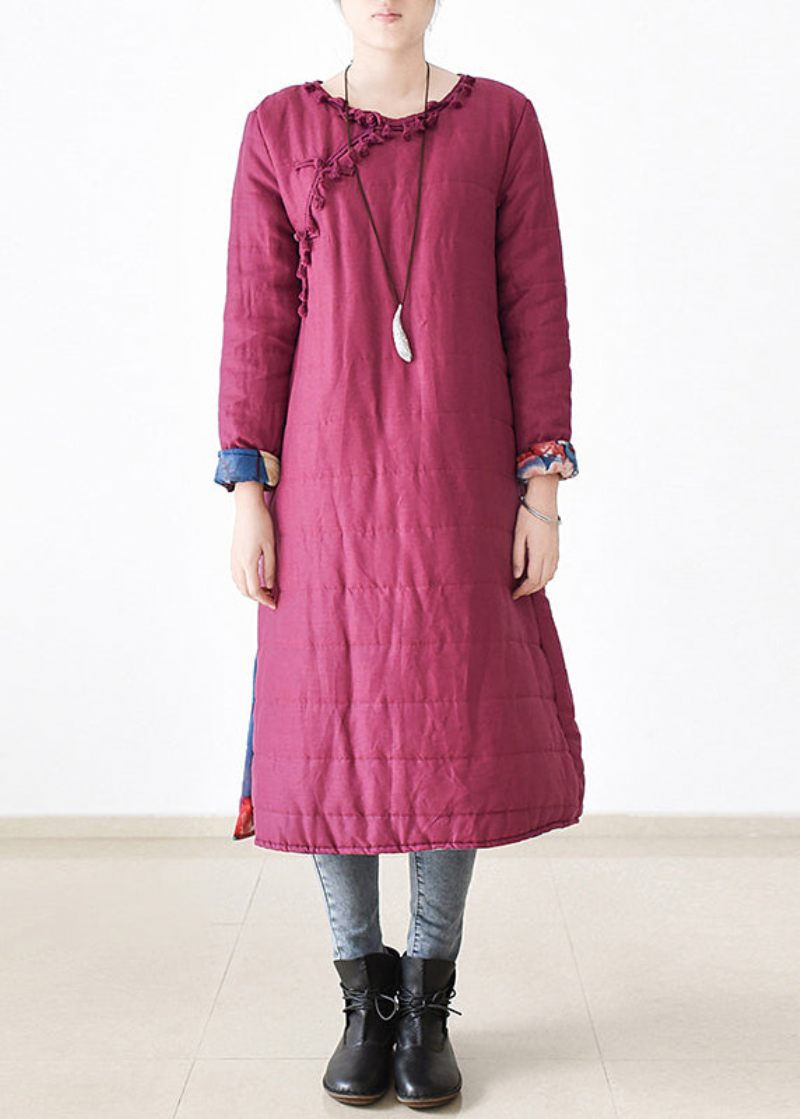 Chic Rose O-hals Knap Side Åben Tyk Linned Lang Parka Witner