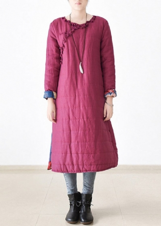 Chic Rose O-hals Knap Side Åben Tyk Linned Lang Parka Witner