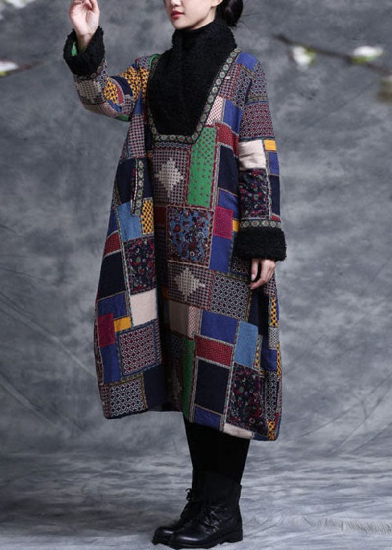 Colorblock Plaid Fin Bomuld Fyldt A Line Kjoler Teddy Faux Fur Krave Vinter - Dame dunjakker