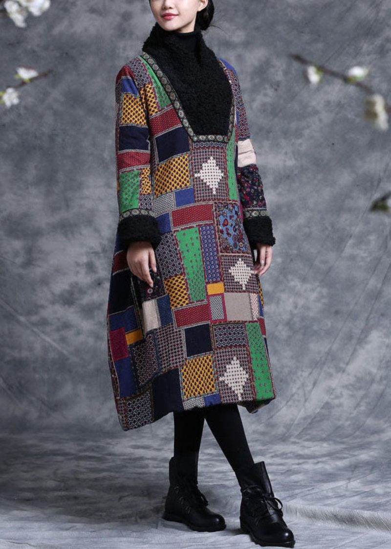 Colorblock Plaid Fin Bomuld Fyldt A Line Kjoler Teddy Faux Fur Krave Vinter - Dame dunjakker