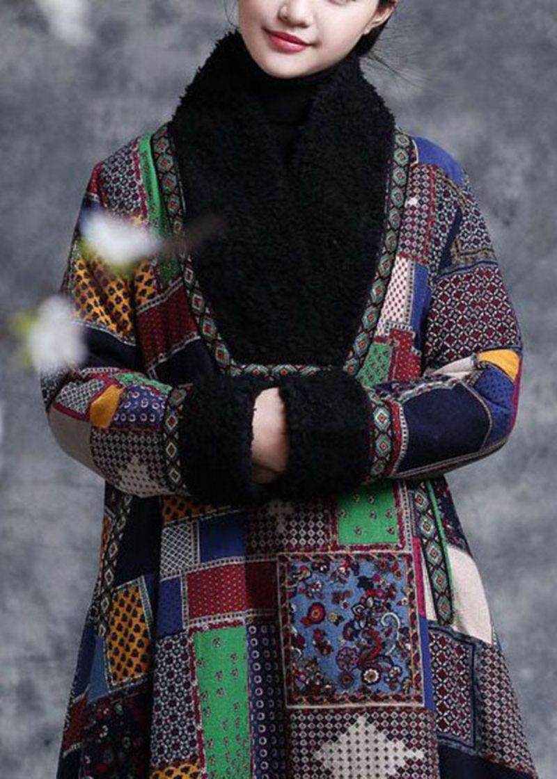 Colorblock Plaid Fin Bomuld Fyldt A Line Kjoler Teddy Faux Fur Krave Vinter - Dame dunjakker