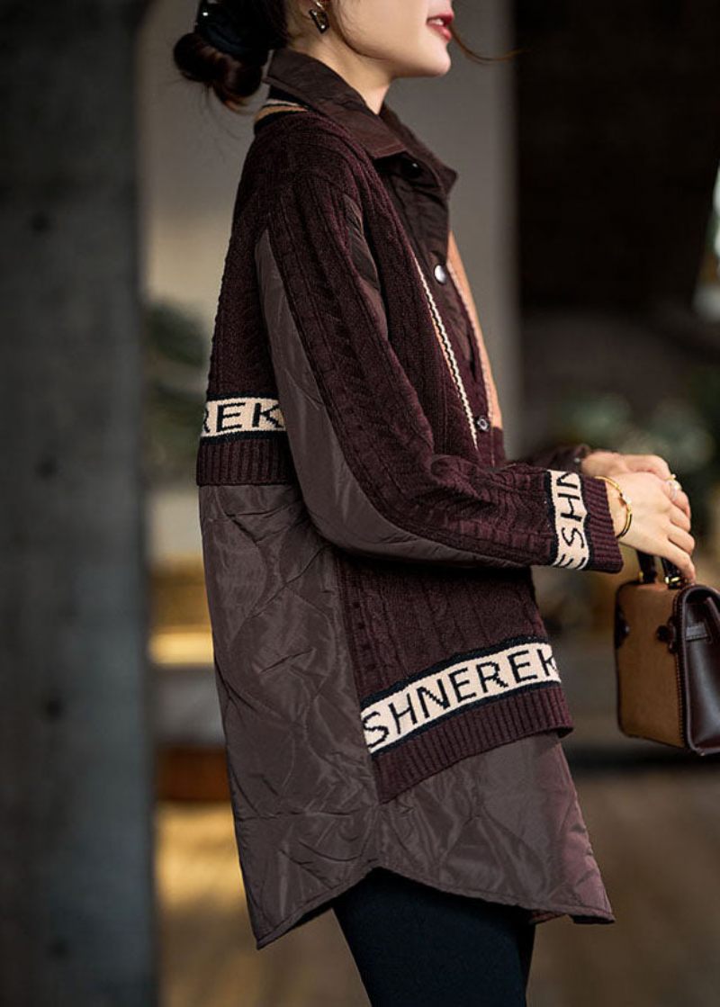 Elegant Chokolade Peter Pan Krave Strik Patchwork Fin Bomuld Fyldt Skjorte Top Vinter - Dame dunjakker